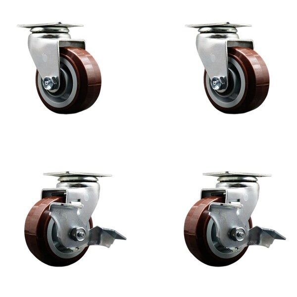 4 Inch Poly on Polyolefin Swivel Caster Set with Roller Bearings 2 Brakes SCC